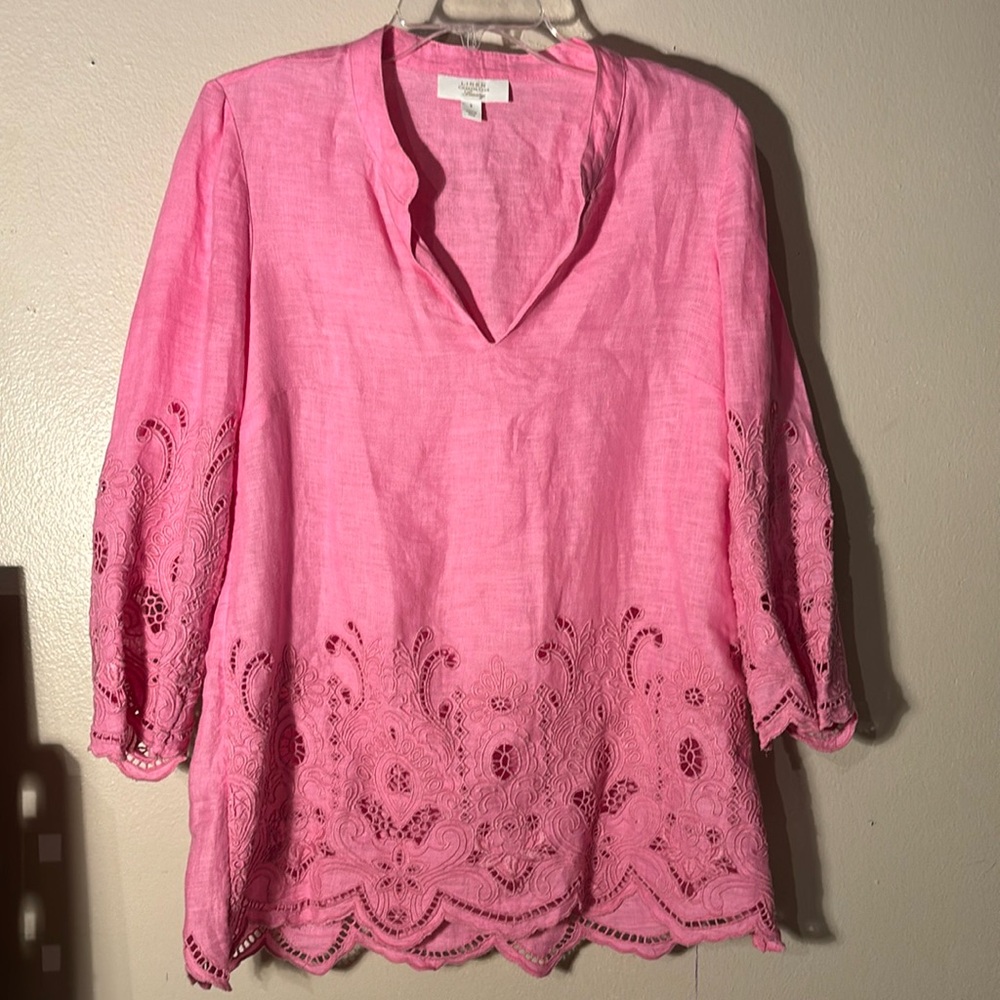 Charter Club Linen size small pink 100% linen shirt pretty embroidery